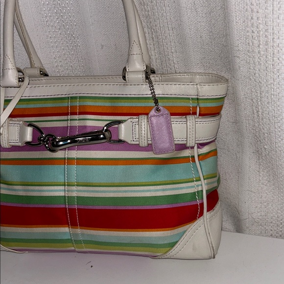 Coach Hampton Multicolor Canvas White Leather Trim Stripe Satchel With Wristlet - Picture 6 of 10
